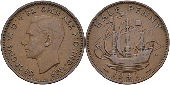 Великобритания 1/2 пенни 1941 Георг VI (1936-1952) KM 844, Spink 4115 бронза 4153-824