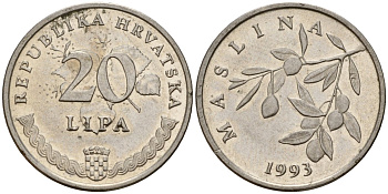 Хорватия 20 лип 1993 олива, легенда на хорватском KM 7 сталь плакированная никелем 4158-644