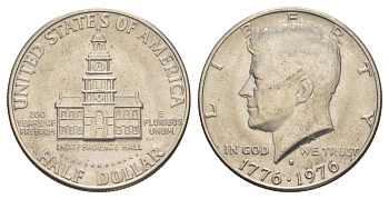 США 1/2 доллара (50 центов) 1976 D, 200 лет независимости, Джон Кеннеди KM 205 медь плакированная медно-никелем aUNC 4545-1215