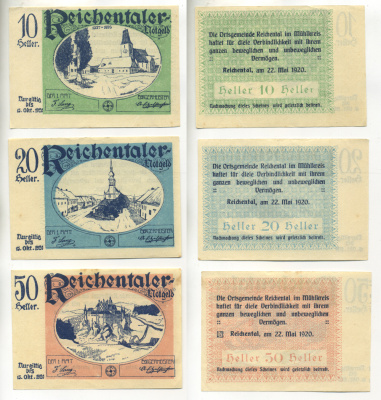 АВСТРИЯ НАБОР ИЗ 3 БАНКНОТ 1920 22 МАЯ 1920 - 15 ОКТЯБРЯ 1920, НОТГЕЛЬД, 10, 20, 50 ГЕЛЛЕРОВ, REICHENTAL бумага XF 7204-68-1