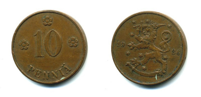 Финляндия 10 пенни 1926 республика (1918-1962) KM 24 медь 46-1511
