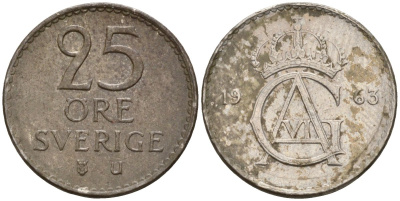 Швеция 25 эре 1963 U, Густав VI Адольф (1950-1973) KM 836 медно-никель 4147-1122