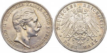 Пруссия 3 марки 1912 Вильгельм II (1888-1918) KM 527, J. 103 серебро    3896-1043