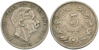 Люксембург 5 сантимов 1901 герцог Адольф (1890-1905) KM 24 медно-никель 105-766