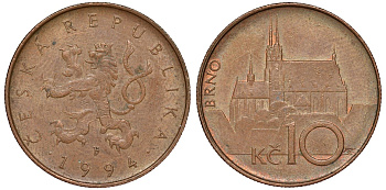Чехия 10 крон 1994 KM 4 сталь плакированная медью 51-3452