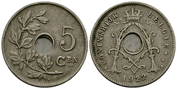 Бельгия 5 сантимов 1922 Belgie KM 67 медно-никель 4173-234