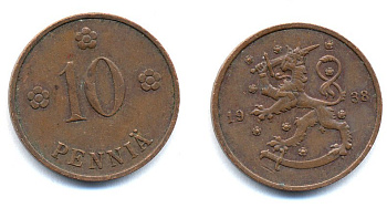 Финляндия 10 пенни 1938 KM 24 медь 51-5641