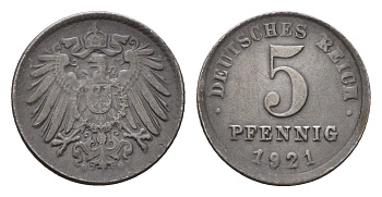 Германия 5 пфеннигов 1921 KM 19, J. 297 железо плакированная цинком 4636-368