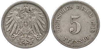 Германия 5 пфеннигов 1912 A, KM 11, J. 12 медно-никель 25-2311