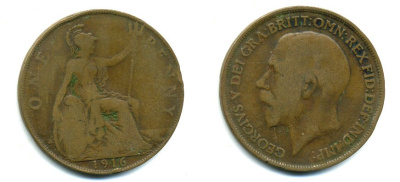 Великобритания 1 пенни 1916 Георг V (1910-1936) КМ 810, Spink 4051 бронза 41-135