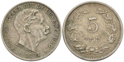 Люксембург 5 сантимов 1901 герцог Адольф (1890-1905) KM 24 медно-никель 105-766