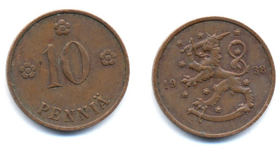 Финляндия 10 пенни 1938 KM 24 медь 51-5641
