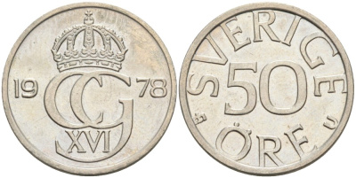Швеция 50 эре 1978 U, Карл XVI Густав (1973- ) KM 855 медно-никель UNC 4548-215