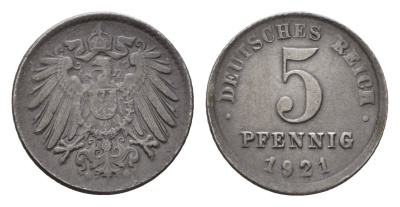 Германия 5 пфеннигов 1921 KM 19, J. 297 железо плакированная цинком 4636-368