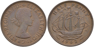 Великобритания 1/2 пенни 1962 Елизавета II (1952-2022) KM 896, Spink 4158 бронза 4592-416