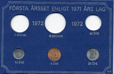 Швеция 5, 10, 25 эре 1972 Густав VI Адольф (1950-1973) в картоне набора монетного двора UNC 7-5-7-261