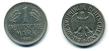 ФРГ 1 марка 1950 G, KM 110, J. 385 медно-никель 72-622