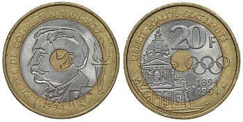 Франция 20 франков 1994 100 лет международному Олимпийскому комитету, Пьер Кубертен KM 1036, Le Franc 405.2 триметалл 4123-725
