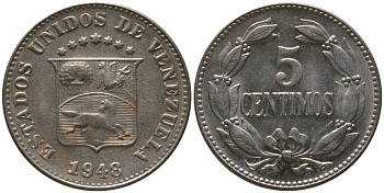 Венесуэла 5 сентимо 1948 KM 29a медно-никель 4576-613