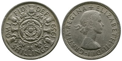 Великобритания 2 шиллинга (флорин) 1959 Елизавета II (1952-2022) KM 906, Spink 4146 медно-никель 4382-213