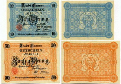 ХАНАУ, ГЕРМАНИЯ НАБОР ИЗ 2 БАНКНОТ 1917 1 ИЮНЯ 1917, НОТГЕЛЬД, ЗЕМЛЯ ГЕССЕН Grabowski H11.2, H11.3 бумага аUNC 8613-19-2-2