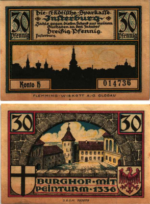 ИНСТЕРБУРГ (ЧЕРНЯХОВСК) 30 ПФЕННИГОВ 1922 НОТГЕЛЬД, БУКВА H, РОССИЯ Grabowski 645.1а бумага 6318-35-1-1