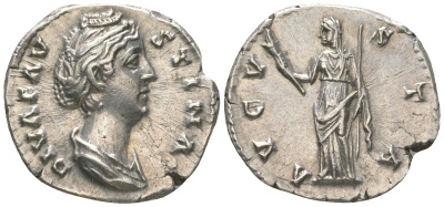 Римская Империя денарий 141-161 Фаустина Старшая, жена Антонина Пия, посмертная чеканка, DIVA FAVSTINA, бюст императрицы/AVGVSTA, Церера, Рим, в слабе RNGA - AU RIC 356 серебро 15-004-16