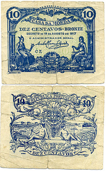 ПОРТУГАЛИЯ 10 СЕНТАВО 1917 СИНЯЯ, 15 АВГУСТА 1917, CASA DA MOEDA Pick 95b бумага F 8606-29-3-1