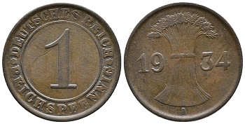 ГЕРМАНИЯ 1 РЕЙХСПФЕННИГ 1934 A KM 37, J. 313 бронза 39-1066