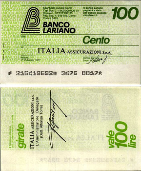Италия 100 лир 1977 1 февраля 1977 Banco Lariano бумага 7222-30-1-2