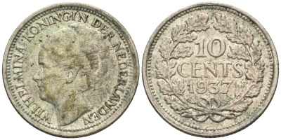 Нидерланды 10 центов 1937 Вильгельмина I (1890-1948) КМ 163 серебро  4169-232