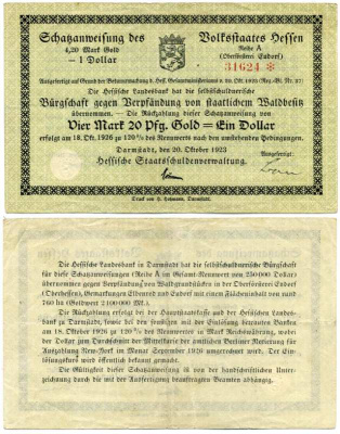 Германия, Дармштадт 4 марки 20 пфеннигов золотом = 1 доллар 1923 20 октября 1923, нотгельд, земля Гессен, серия А, номер, снежинка   бумага   8613-34-2-1