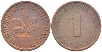 ФРГ 1 ПФЕННИГ 1974 F KM 105, J. 380 сталь плакированная медью 116-363