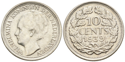 Нидерланды 10 центов 1939 Вильгельмина I (1890-1948) КМ 163 серебро  UNC  4602-527