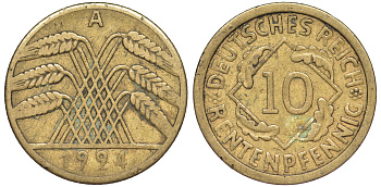 Германия 10 рентенпфеннигов 1924 A KM 33, J. 309 алюминиевая бронза 4604-635