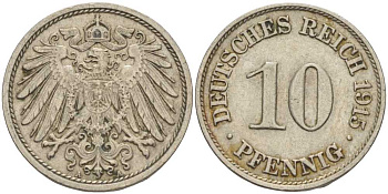 ГЕРМАНИЯ 10 ПФЕННИГОВ 1915 A KM 12, J. 13 медно-никель 65-954