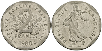 Франция 2 франка 1980 сеятель KM 942.1, Le Franc 272.3 никель 4120-1111