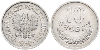 Польша 10 грошей 1966 MW KM AA47, Parchimowicz 206e алюминий UNC 4181-239