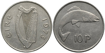 Ирландия 10 пенсов 1973 лосось KM 23 медно-никель 215-236