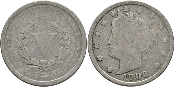 США 5 ЦЕНТОВ 1906 LIBERTY KM 112 медно-никель 4396-657