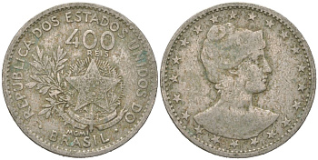 Бразилия 400 реалов 1901 MCMI, голова свободы вправо KM 505 медно-никель 4612-434