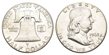 США 1/2 доллара (50 центов) 1963 Бенджамин Франклин, колокол KM 199 серебро  aUNC  4574-1134