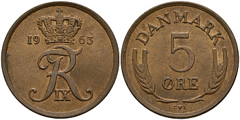 Дания 5 эре 1963 С; S, Фредерик IX (1947-1972) KM 848 бронза 4156-1033