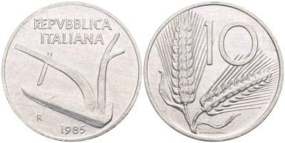 ИТАЛИЯ 10 ЛИР 1985 R, КОЛОСЬЯ, ПЛУГ KM 93 алюминий 4551-235
