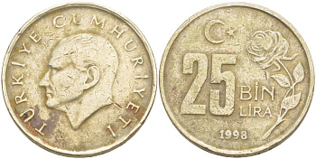 Турция 25000 лир 1998 Мустафа Кемаль Ататюрк KM 1041 медь никель цинк 4525-632