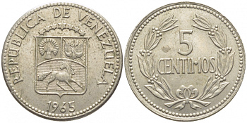 Венесуэла 5 сентимо 1965 KM 38 медно-никель 112-312