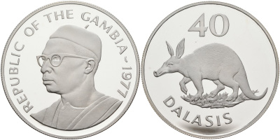 Гамбия 40 даласи 1977 защита дикой природы - трубкозуб KM 18а серебро PROOF 04-320-44
