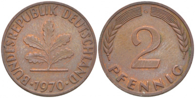 ФРГ 2 ПФЕННИГА 1970 G KM 106а, J. 381а сталь плакированная сталь плакированная медьюю 4547-1154