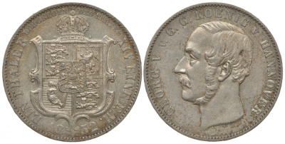 Брауншвейг-Каленберг-Ганновер 1 талер 1852 B, Георг V (1851-1866) КМ 220, Jaeger 86, Thun 170, AKS 158, Kahnt 237 серебро 00-809-30