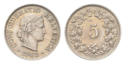 Швейцария 5 раппенов 1942 B KM 26 медно-никель 4705-1235